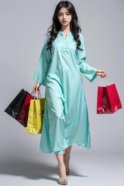 a woman in a green dress with shopping bags