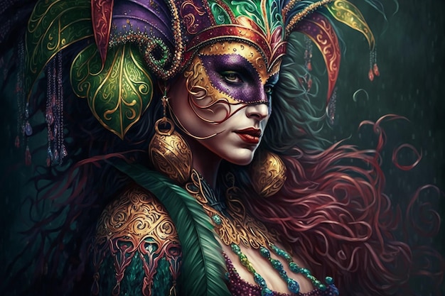 A woman in a green and gold mardi gras mask