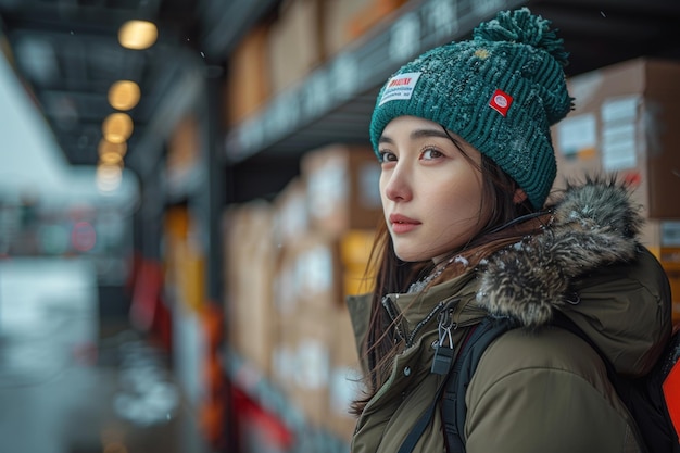 Woman in green hat and coat