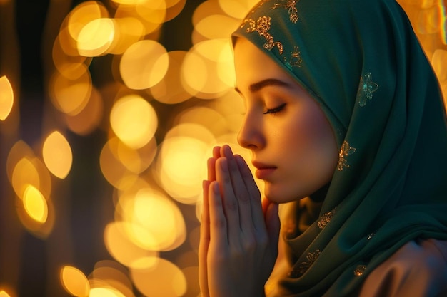 a woman in a green hijab is praying