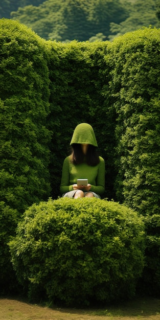 a woman in a green hoodie sits in a hedge with a green hood.