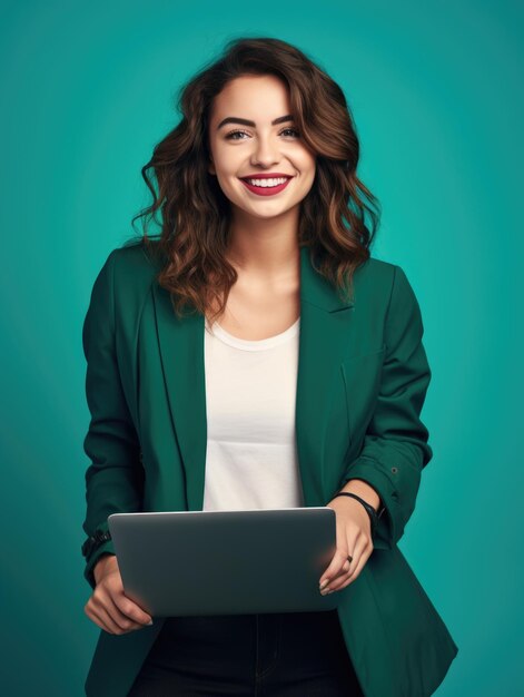 Photo a woman in a green jacket holding a laptop