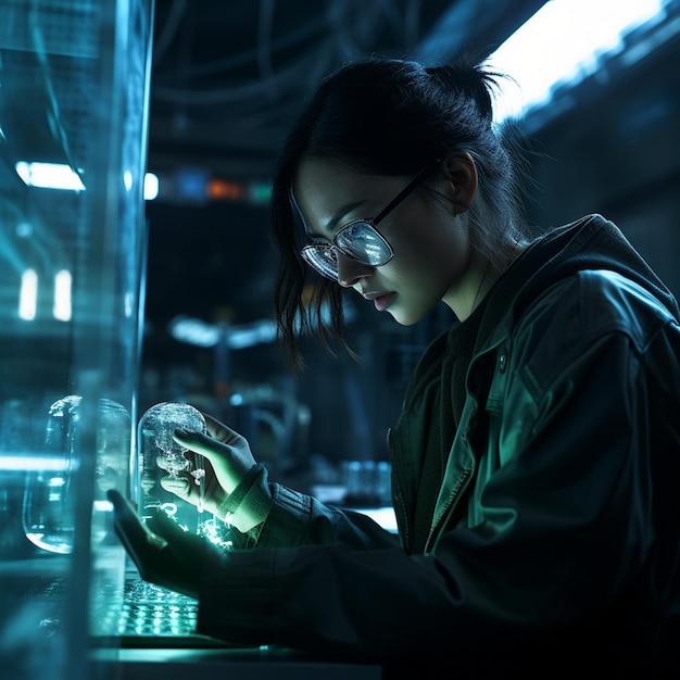 a woman in a green jacket is holding a glowing object in front of a green light.