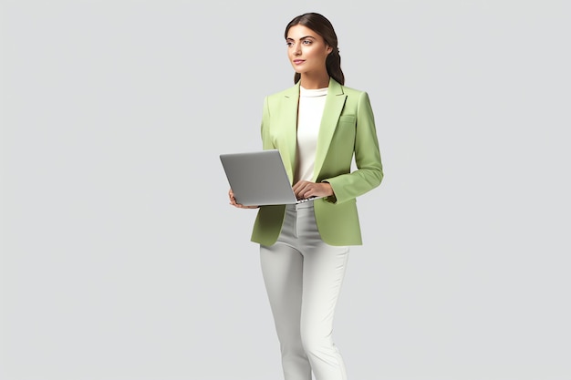 A woman in a green jacket is holding a laptop