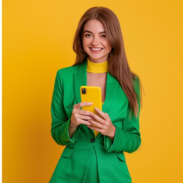 a woman in a green jacket is holding a yellow phone