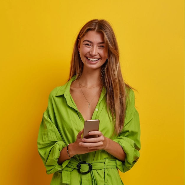 a woman in a green jacket smiles and smiles with a phone in front of a yellow background