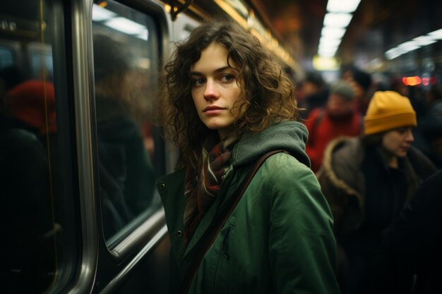 Photo a woman in a green jacket standing on a subway train