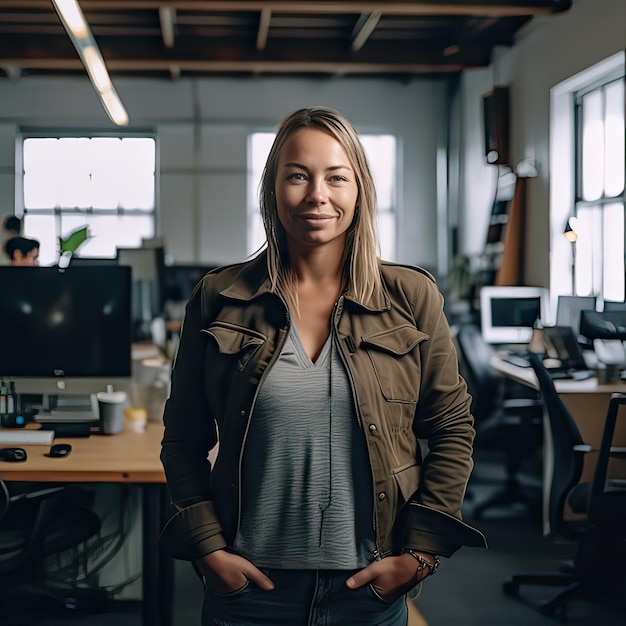 A woman in a green jacket stands in an office with a desk and a computer desk.