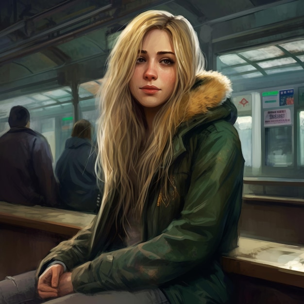 毛皮の襟付きの緑色のジャケットを着た女性が、地下鉄駅のベンチに座っています。