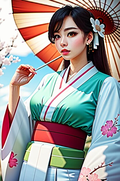 A woman in a green kimono holding an umbrella