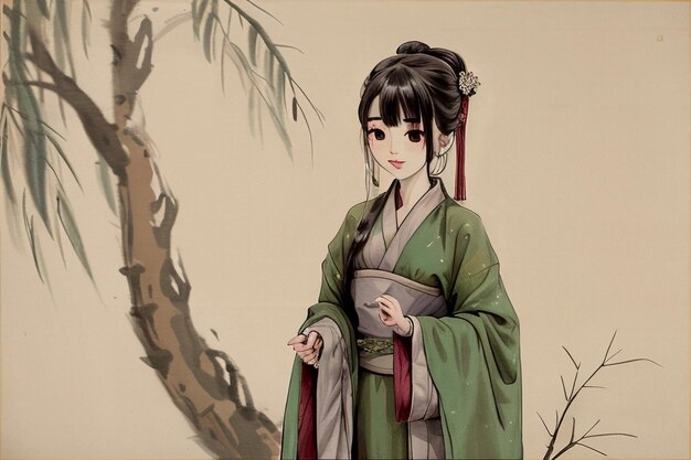 A woman in a green kimono stands in front of a tree.