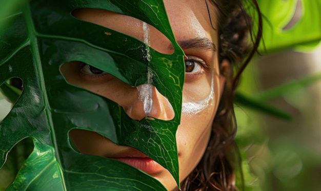Foto una donna con le foglie verdi nella giungla