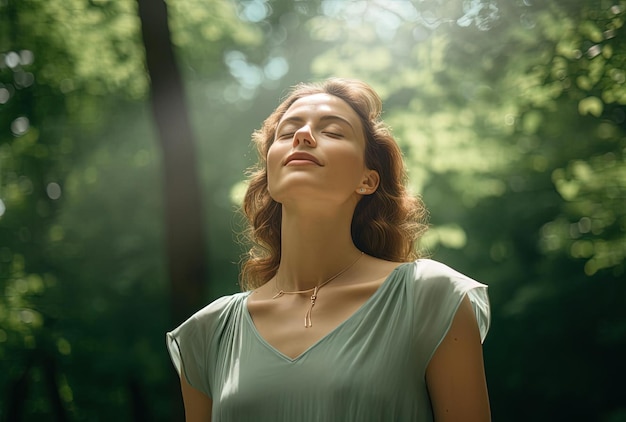 woman in green park is looking up while breathing in the style of youthful energy