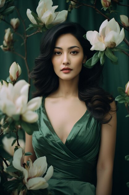 Woman in Green Poses Elegantly with Magnolia Flowers