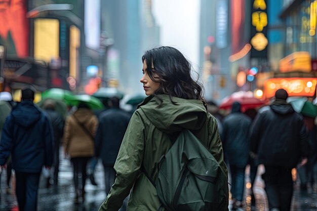 a woman in a green raincoat walks down a street with a sign that says taxi on it