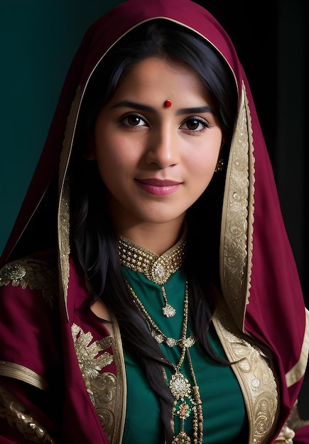 A woman in a green sari with a red sari