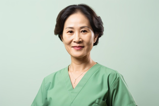 A woman in a green scrub suit posing for a picture