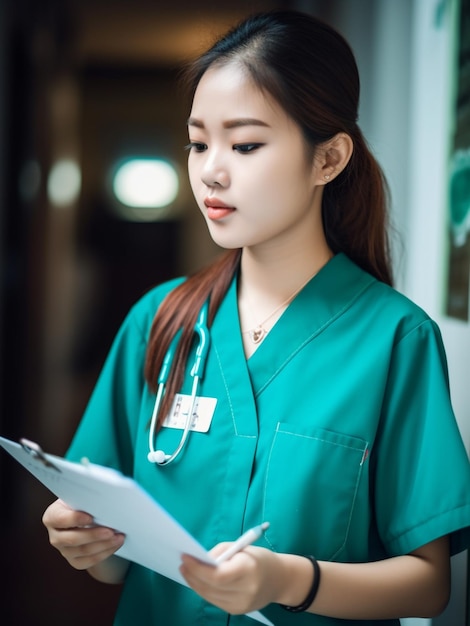 A woman in a green scrubs holds a clipboard and looks at a clipboard.