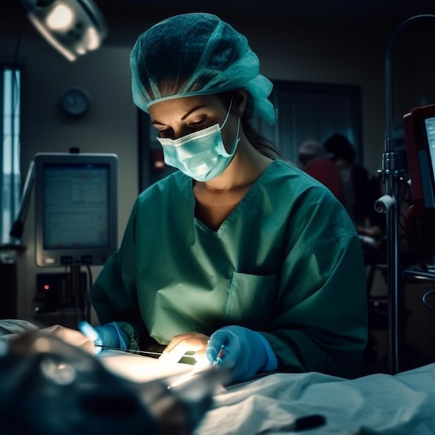 A woman in a green scrubs is working on a surgery.