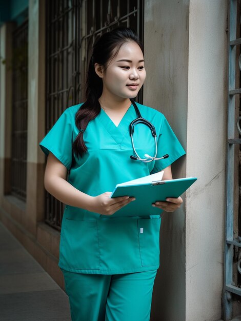 A woman in a green scrubs stands in front of a building with a stethoscope around her neck