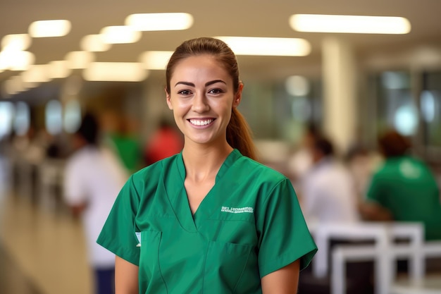 A woman in green scrubs stands in front of a group of people.