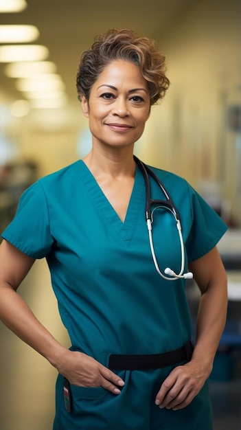 a woman in a green scrubs stands in front of a hospital wall