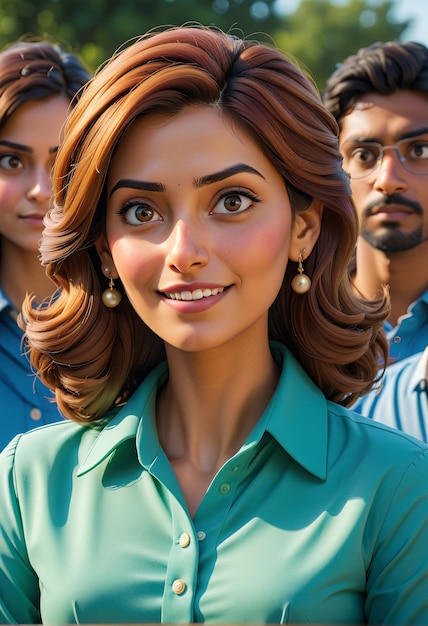 a woman in a green shirt and blue shirt stands in front of a group of people