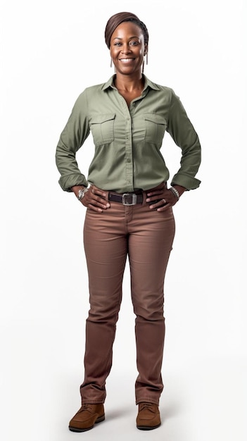 Photo a woman in a green shirt and brown pants