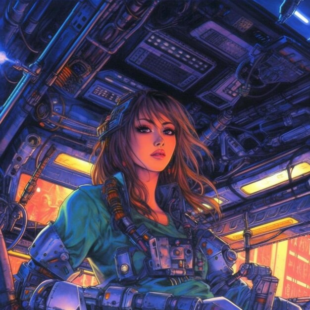 A woman in a green shirt and a gun in a spaceship generative ai