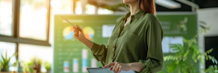 Woman in green shirt holding a tablet while pointing at a chart on a presentation screen Business presentation and data analysis concept in a modern office
