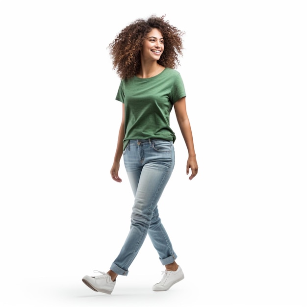 Photo a woman in a green shirt is walking in front of a white background generate by ai