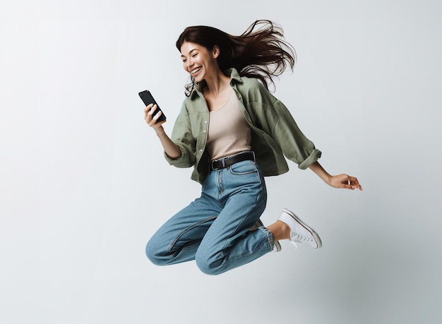 Foto una donna con una camicia verde che salta in aria con un telefono felice salto eccitato sim dati mobili isolati