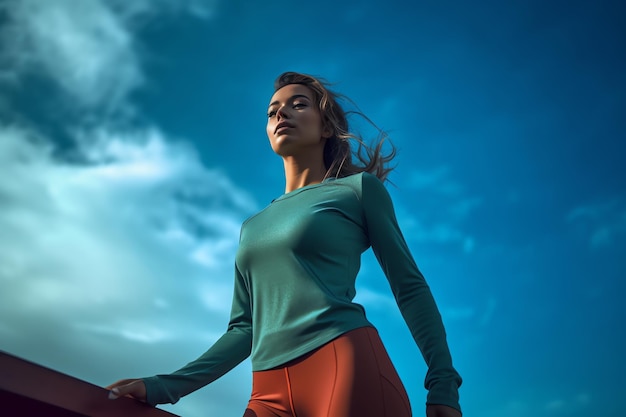 A woman in a green shirt stands in front of a blue sky with clouds.
