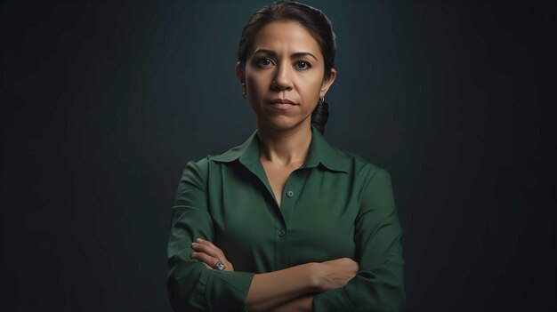 Photo a woman in a green shirt stands with her arms crossed.