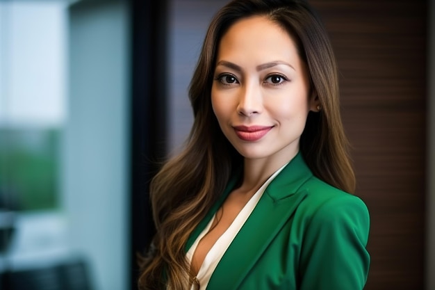 A woman in a green suit stands in front of a desk