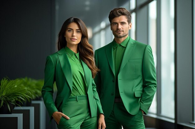 a woman in a green suit stands next to a man in a green suit