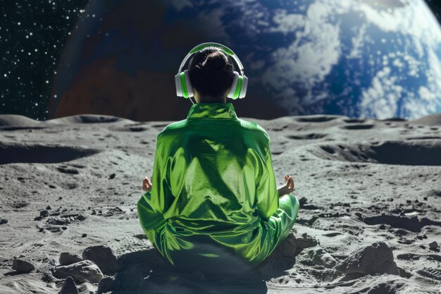 Photo woman in green suit with headphones meditating on the moon concept of solitude