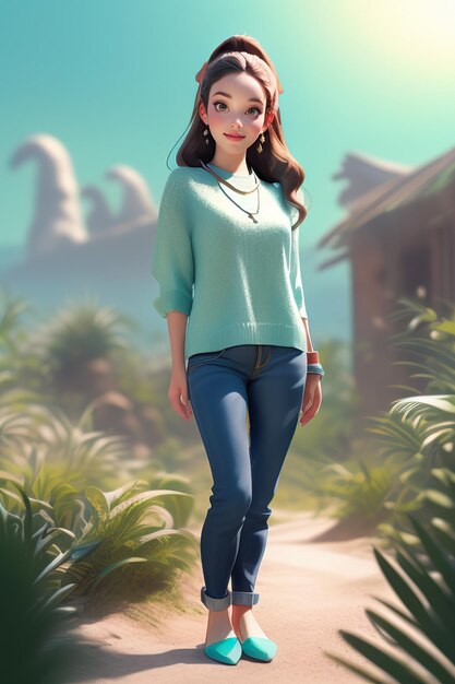 a woman in a green sweater stands in front of a bird.