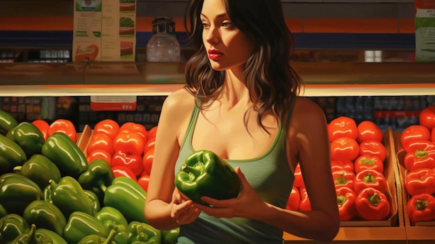 A woman in a green tank top holds a red bell pepper