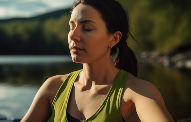 A woman in a green tank top is meditating in front of a lake.