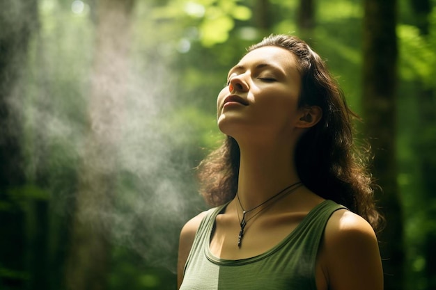 a woman in a green tank top standing in the woods