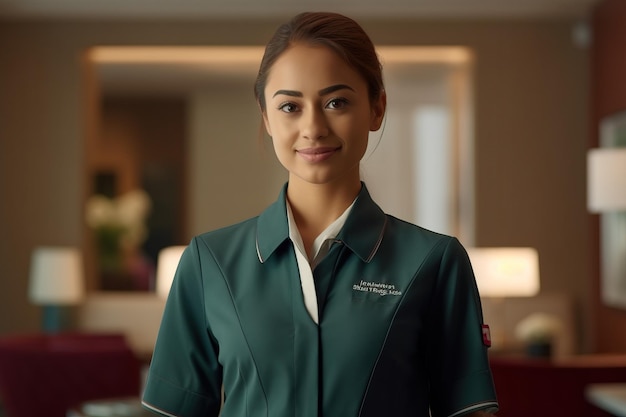 A woman in a green uniform stands in a hotel lobby.