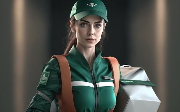 A woman in a green uniform with a box in the front.