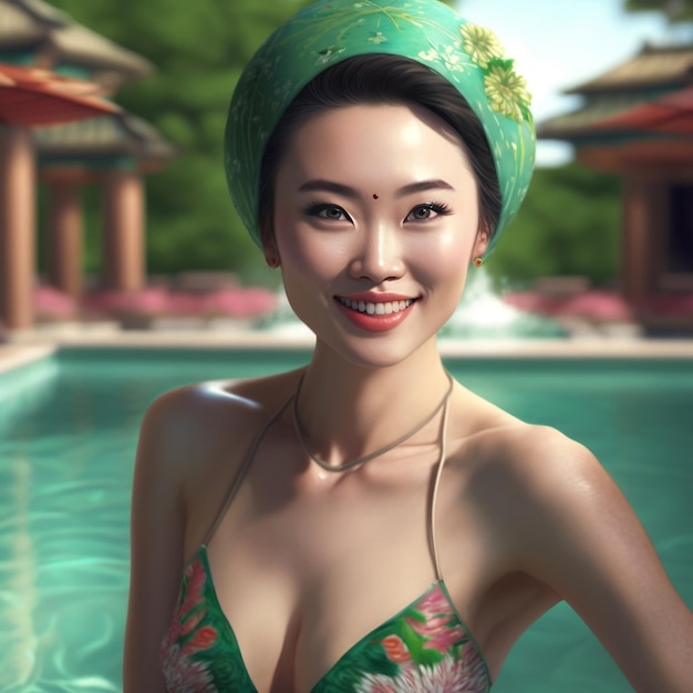 A woman in a green and white top and a green headdress is standing in front of a pool.