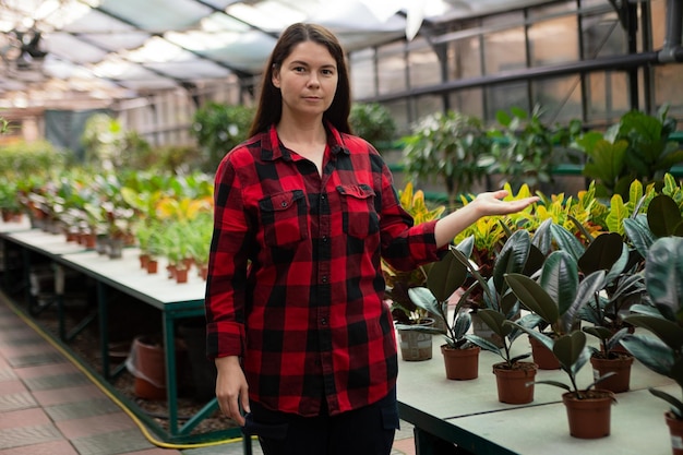 鉢植えの植物の近くの温室にいる女性家の植物を選ぶという概念