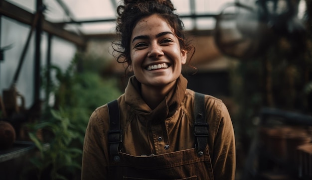 A woman in an greenhouse smiles at the camera.