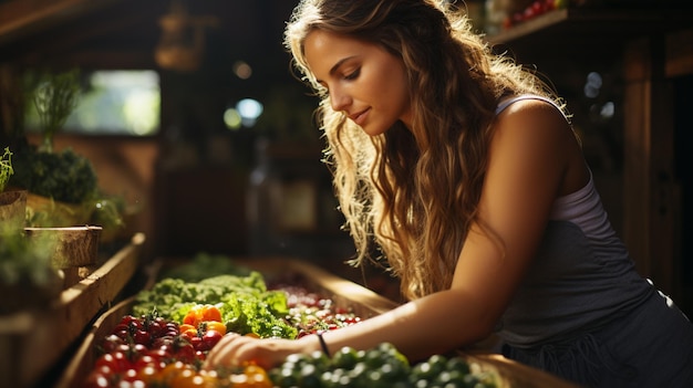 woman in greenhouse with vegetables