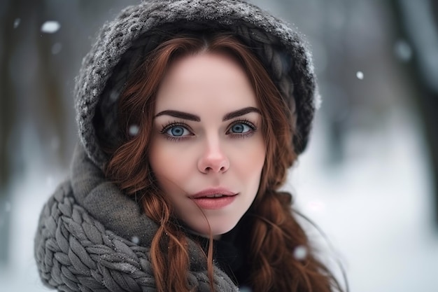 A woman in a grey hat and a grey hat is standing in the snow.