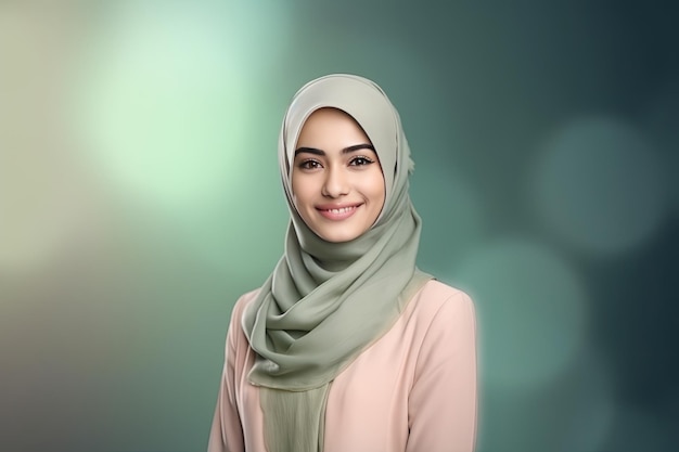 A woman in a grey hijab with a green background