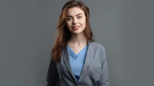 A woman in a grey scrubs stands in front of a gray background.